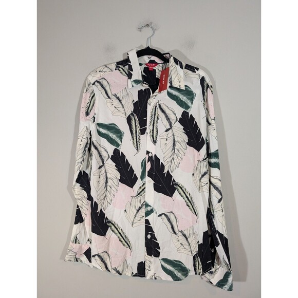 NWT Guess Women Button Up Tropical Leaves Blouse Sz M Slim Fit Colorful Beach - Picture 1 of 9